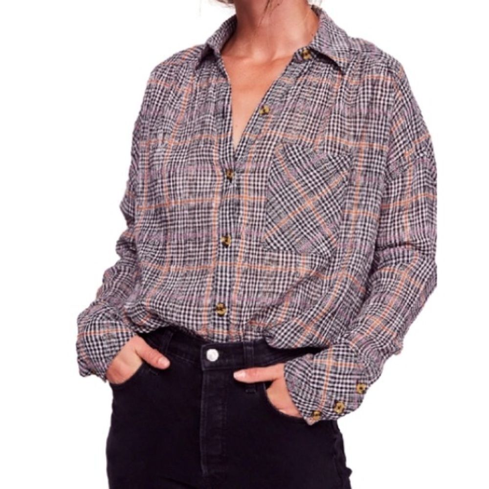 FREE PEOPLE Break My Stripe Plaid Shirt In Black size medium